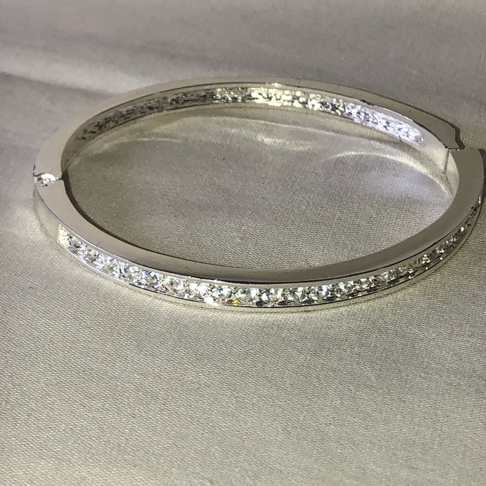 Silver Tone & Inset Crystal Rhinestone Costume Locking Bangel Bracelet
